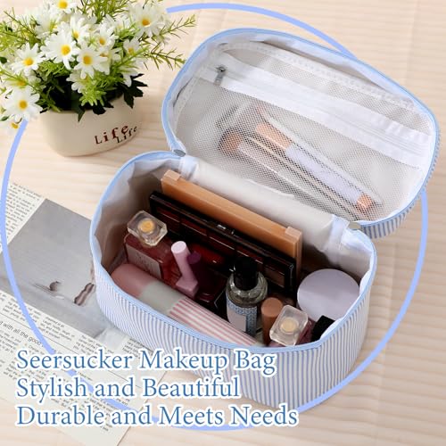 Large Makeup Bag for Women Toiletry Bag, Aesthetic Cute Seersucker Cosmetic Pouch, Teen Gift for Her Mom Girlfriend Wife Teacher Aesthetic Skincare Brushes Storage Organizer(Blue)
