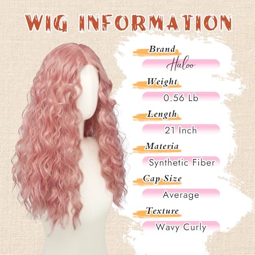 Haloo Pink Wigs for Women 21 Inch Long Wavy Curly Lace Front Synthetic Hair - Beginner Friendly