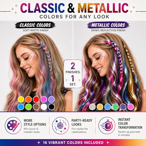 Jim&Gloria Hair Chalk Pens - 16 Color Set with 6 Metallic