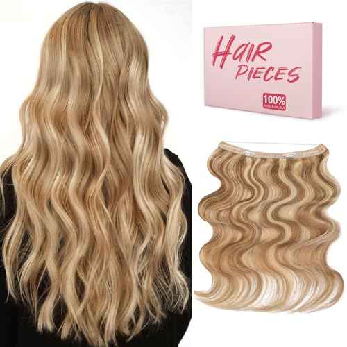 Benehair Halo Hair Extensions Real Human Hair, Blonde Halo Hair Extension 100% Human Hair, Wavy Halo Extensions Human Hair, Wire Hair Extension, Golden Brown&Bleach Blonde 55g/12inch