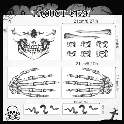 6 Pcs Skeleton Face Temporary Tattoos for Halloween