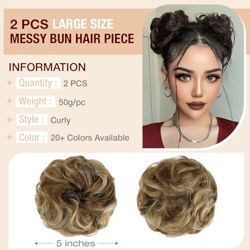 Ash Blonde Mix Ginger Brown 2PCS Messy Bun Hair Extensions Thick Updo Scrunchies for Women Girls