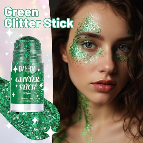 DAGEDA Green Body Glitter Stick,Sparkly Hair Face Glitter Makeup for Women St Patricks Day Accessories, Holographic Green Face Paint Stick for Women Halloween Makeup 1.12 oz