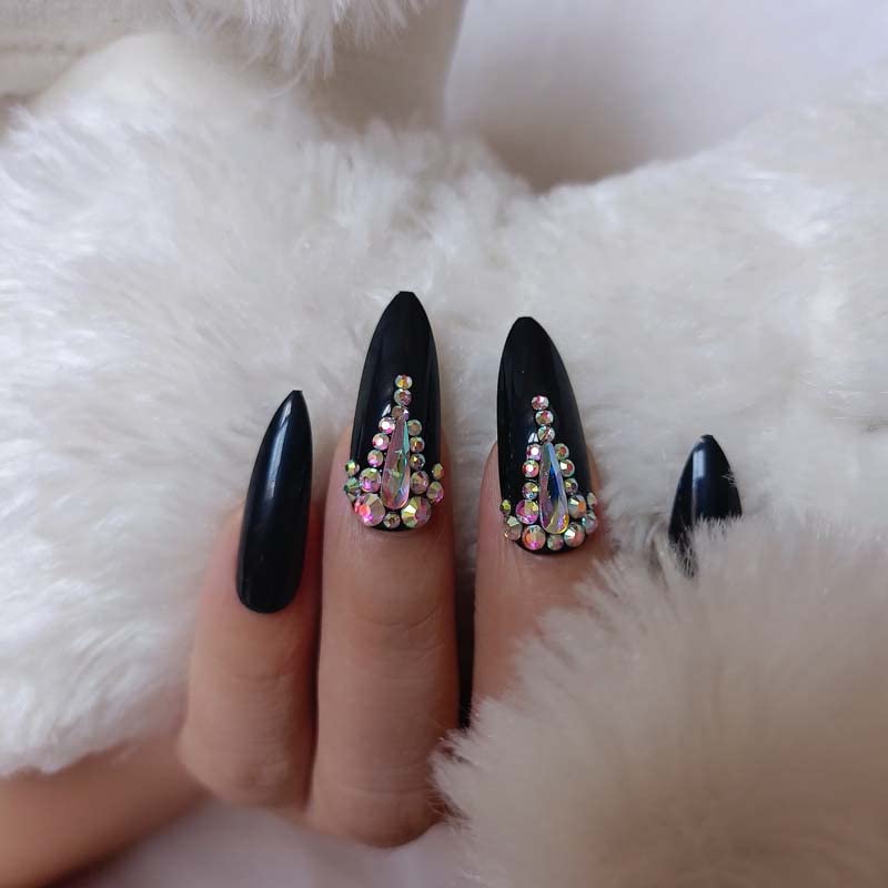 ZYBUXY Black Press on nails luxury gem Crystal diamond False Nails long Stiletto Stick Fake Nails 24pcs