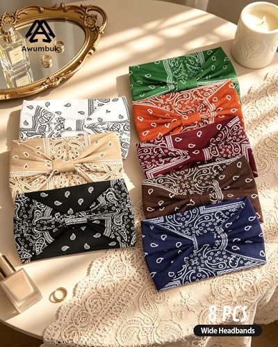 Awumbuk 8 Pack Wide Headbands for Women - Non-Slip, Moisture-Wicking