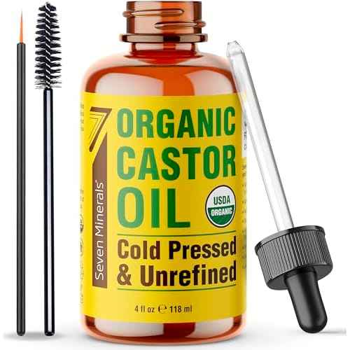 Seven Minerals 4oz Organic Castor Oil for Eyelashes, Eyebrows, Face & Hair Growth - Glass Bottle, Cold Pressed & Hexane Free - 100% Pure - Hydrates & Boosts Natural Hair, Ordinary Lash & Brow Growth