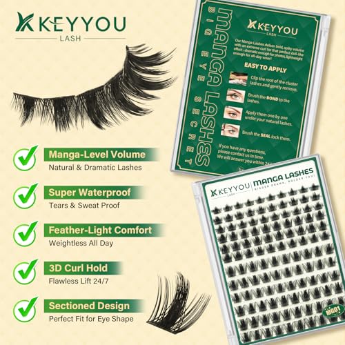 KEYYOU LASH California Sunset Manga Lash Clusters 8-18mm Fairy Eyelash Clusters Natural DIY Lash Extension Wispy with Soft Thin Band(MG01 Lashes)