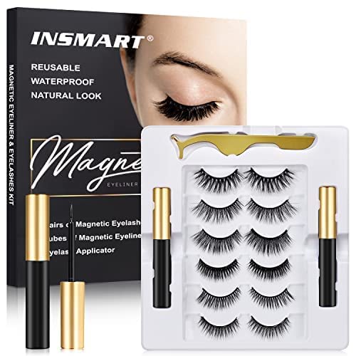 Magnetic Eyelashes, 6 Pairs Magnetic Lashes, False Lashes with 2 Tubes of Magnetic Eyeliner, Magnetic Eyelashes Kit with Tweezers, Reusable, No Glue