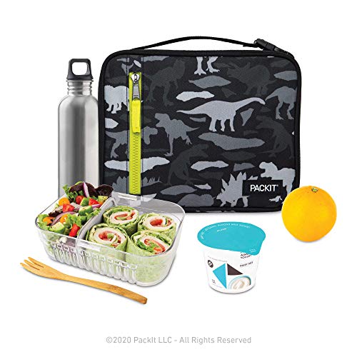 PackIt Freezable Classic Lunch Box, Dino Camo Charcoal, Built with EcoFreeze Technology, Collapsible, Reusable, Zip Closure With Zip Front Pocket and Buckle Handle, Designed for Lunches