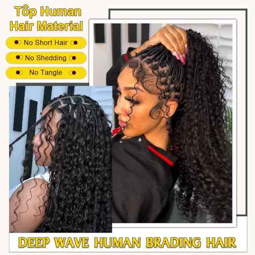 100 Percent Human Boho Braiding Hair Deep Wave Curly 12A Bulk Bundles Human Hair 105g Wet and Wavy for Boho Braids Human Hair Extensions for Braiding Human Supplies No Weft 2 Bundles