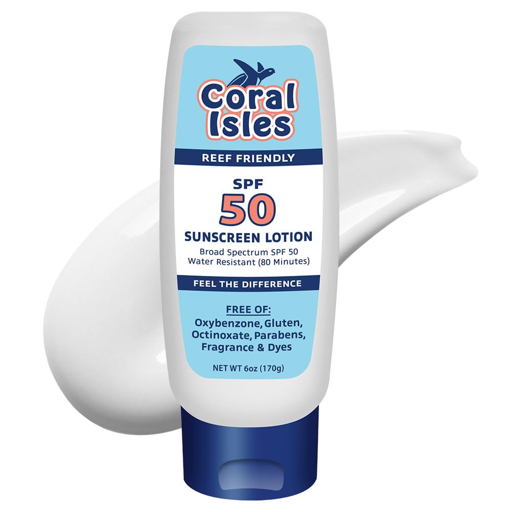 Coral Isles Sunscreen SPF 50 | Hawaii Compliant as Reef Safe | Octinoxate & Oxybenzone Free | Broad Spectrum UVA/UVB Protection | Water Resistant 80 Min. | Fragrance Free | 6 Fl Oz Lotion