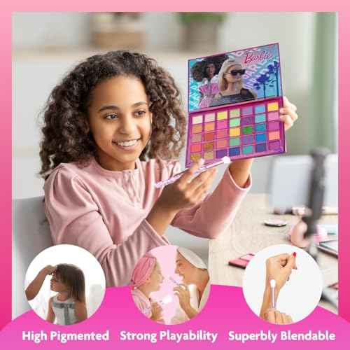 Barbie 35-Well Shadow Palette, Shimmery and Opaque Colors, Pigmented Blendable, 8 Application Brushes Ages 8+, Perfect for Parties, Sleepovers & Makeovers, By Townley Girl