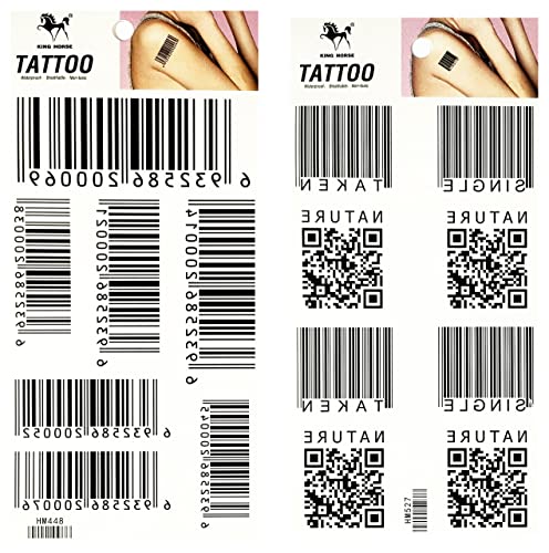 Black Barcode QR Code Temporary Tattoos, 2 Sheet Set
