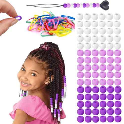 90pcs Silicone Hair Beads for Kids Girls Braids - Soft Colorful Pony Beads Bulk with Hair Ties & Beader Tool for Women and Girls Hair Accessories (Mix Colors-Purple)