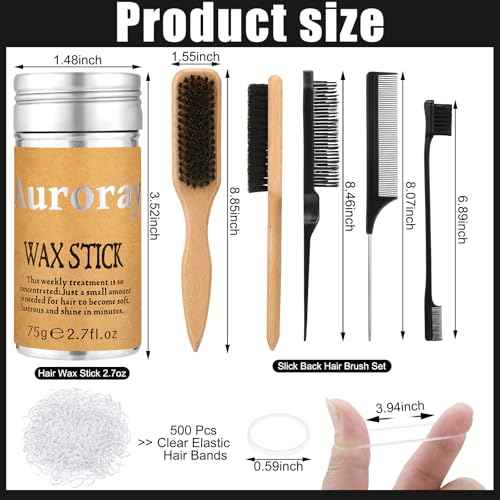 Boar Bristle Slick Back Hair Brush Comb with Wide Boar Bristle Brush,Hair Wax Stick,500PCS Elastic Rubber Bands for Women and Men Sectioning,Parting