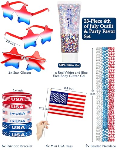 4th of July Patriotic Accessories Set - Glitter Gel, Necklaces & Bracelets