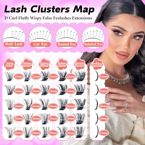 Lash Clusters with Spikes, 100D+120D Eyelash Clusters Extensions Individual D Curl Fluffy Wispy False Eyelashes DlY Manga Lashes Extension (12-22mm, Lash Clusters)
