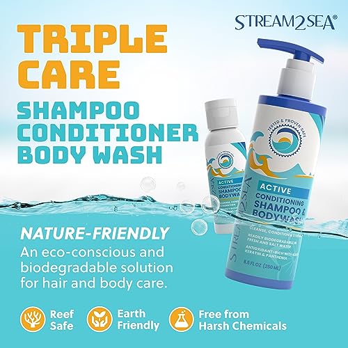 3 in 1 Hair Shampoo, Conditioner & Body wash | 1 Fl oz Reef Safe and Paraben Free All Natural Camping Hair Shampoo & Liquid Soap | Travel Size All In One Skin & Hair Care | Pack of 3 by Stream2Sea