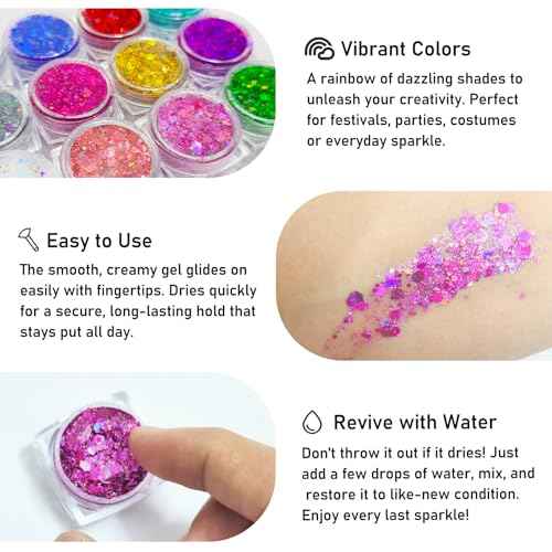 12 Colors Body Face Glitter, Chunky Hair Glitter Gel for Women Kids, Body Makeup for Halloween Party Rave Festival Accessories