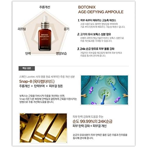 Botonix Age Defying 24K Gold and 8 Peptides Repair Lifting and Firming Skin Regenerating Collagen Serum Ampoule 60 ml Bundled with 1 Pack Oil Absorbing Blotting Paper