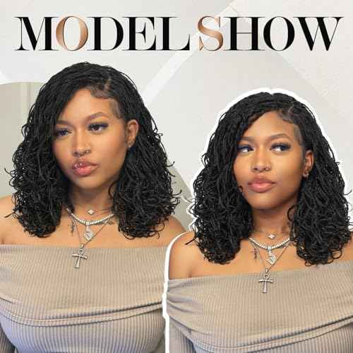 Micro Twist Braided Double Full Lace Wigs for Black Women Mini Braid Wig with Baby Hair Short Curly Box Braid Lace Synthetic Black Hair 14Inch