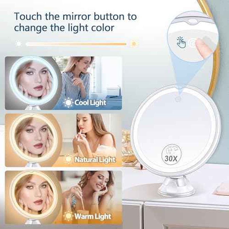 Magnifying Mirror with Light 30X, Lighted Makeup Mirror 30X for Precision Makeup, 3 Color Modes and Adjustable Brightness, 360¡Æ Swivel Magnifying Mirrors Suction Cup for Bathroom 8 Inches