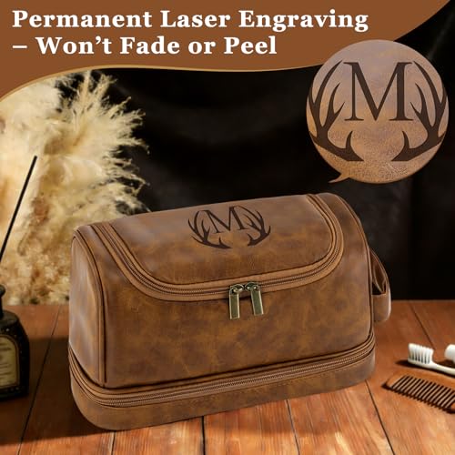 Personalized Gifts Travel Toiletry Bag for Men, Engraved Initial PU Leather Waterproof Shaving Bag, Groomsmen Present Christmas Birthday Gifts for Men Dad Husband Son Boyfriend (Light Brown P)