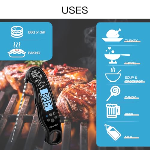 KULUNER TP-01 Waterproof Digital Instant Read Meat Thermometer with 4.6 Folding Probe Backlight Calibration Function for Cooking Food Candy, BBQ Grill, Liquids,Beef(Black)