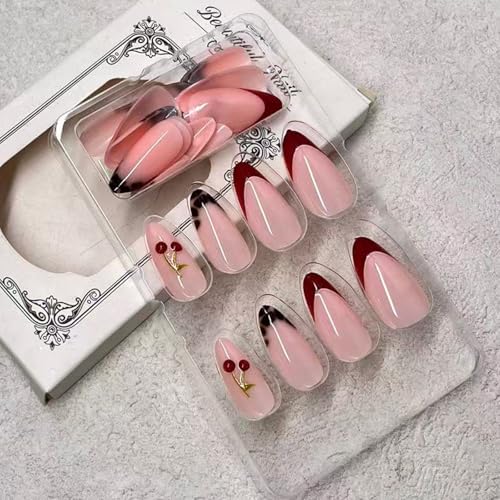 Reusable French Tip Press On Nails with 3D Cherry Design - Medium Almond, Glossy Red, Gold Accents, 24 Pieces
