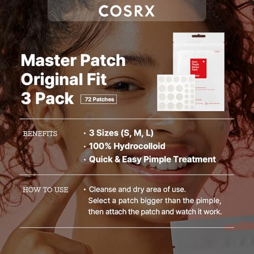 COSRX Acne Pimple Patch Absorbing Hydrocolloid Original 3 Size Patches for Blemishes and Zits Cover, Spot Stickers for Face and Body, Not Tested on Animals (72)