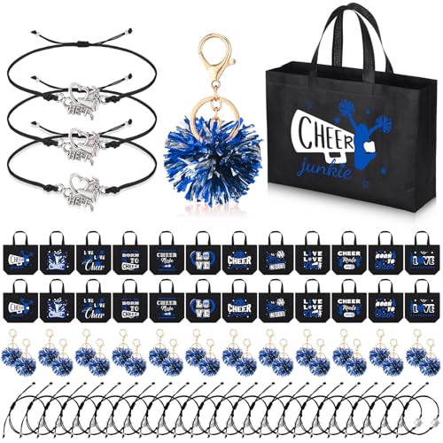 Landical 72 Pcs Blue Cheerleading Gifts 24 Cheer Bags Portable 24 Pom Pom Keychain 24 Cheerleading Bracelet Canvas Makeup Bag Bulk Cheer Gifts Female Teammates Toiletries Accessories