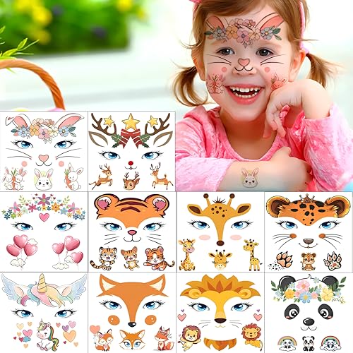 Animal Face Temporary Tattoos for Kids - 10 Pack Waterproof