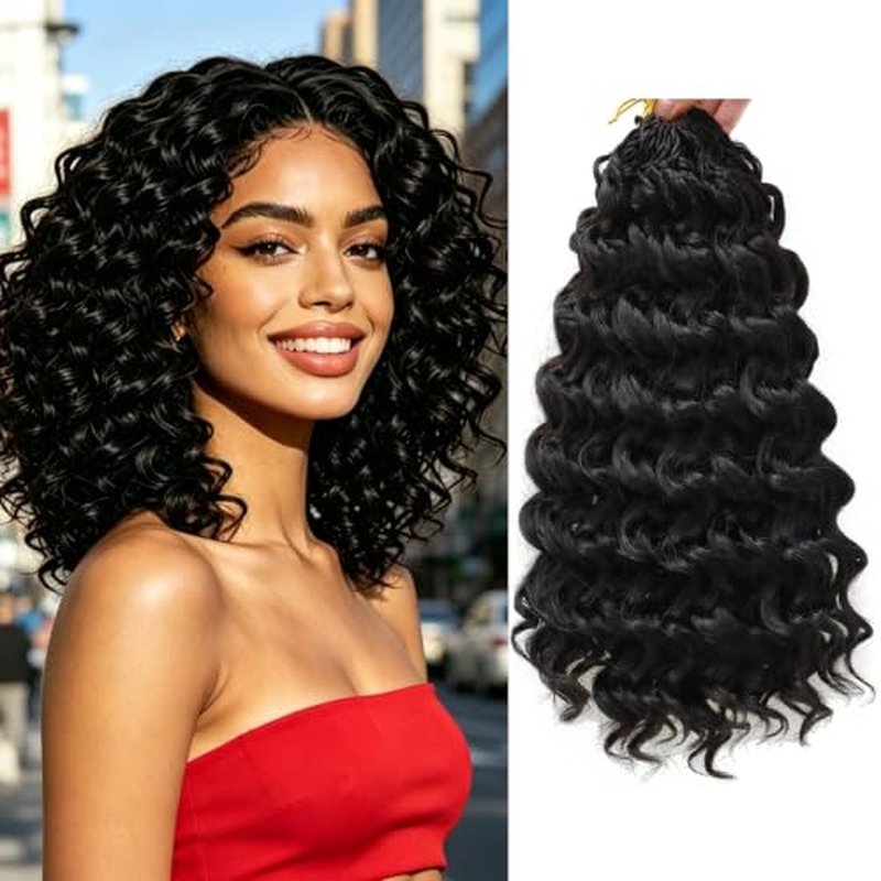 10 Inch Black Curly Crochet Hair - 8 Packs Boho Ocean Wave
