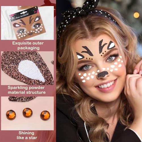 Elk Face Stickers Christmas Reindeer Temporary Tattoo Gems 2PC
