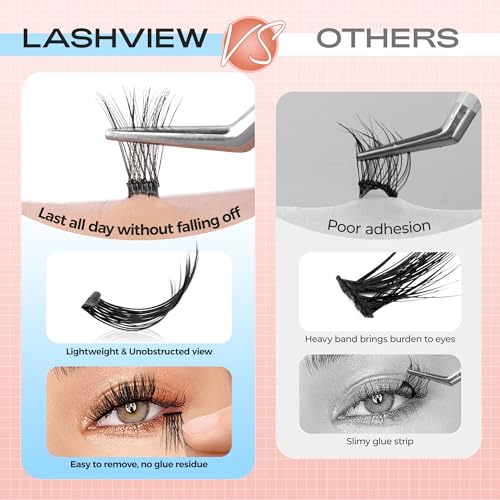 LASHVIEW Self Adhesive Eyelashes, D Curl Press On Lash Clusters Kit Pre Glued Eyelash Clusters with Applicator,No Glue No Remover Needed DIY Lash Extension Kit 10-16mm (N06 78Pcs)