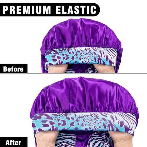 2Pcs Bonnets for Women Sleeping Braid Bonnet, Large Long Satin Silk Bonnet for Braids, Black Women Braid Bonnets with Stretchy Tie Band for Sleeping Extra Long (Black & Purple Pattern)