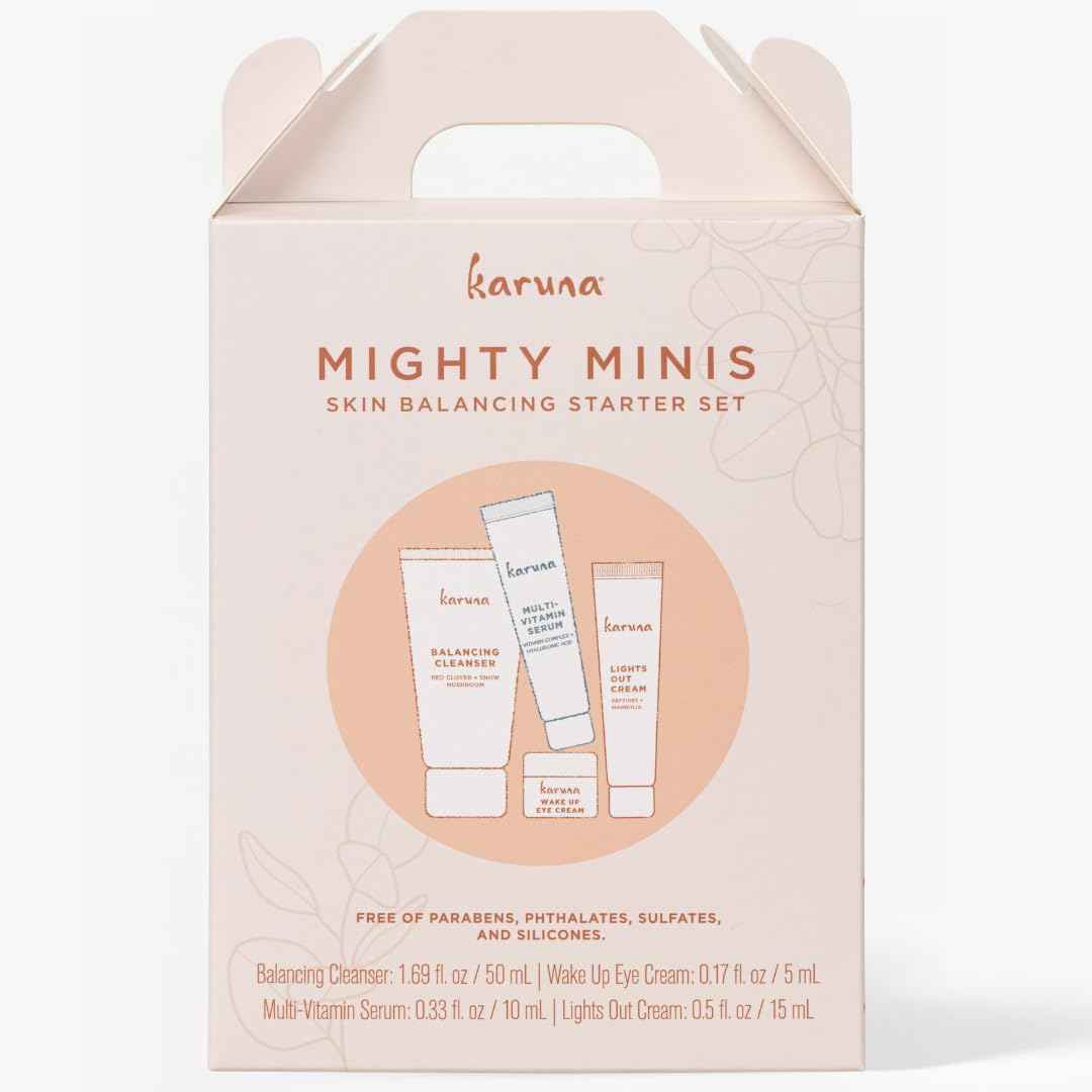 Karuna Mighty Minis, Skin Balancing Starter Set | Includes: Balancing Cleanser 1.69oz/50ml, Wake Up Eye Cream 0.17oz/5ml, Multi-Vitamin Serum 0.33oz/10ml & Lights Out Cream 0.5oz/15ml