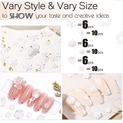 3D Flowers for Nails, 850pcs Nail Art Kit, Multi Design White/ Aurora Rose Nail Flower Charms, Crystal Nail Glitter Decals, Resin Flower Nail Decoration, 2 Sizes Golden Silver Beads for DIY Manicures