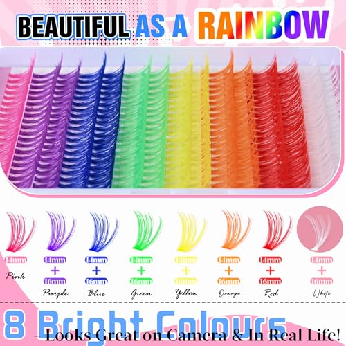 Colored Lash Clusters 300Pcs - 8 Colors D Curl 14mm/16mm