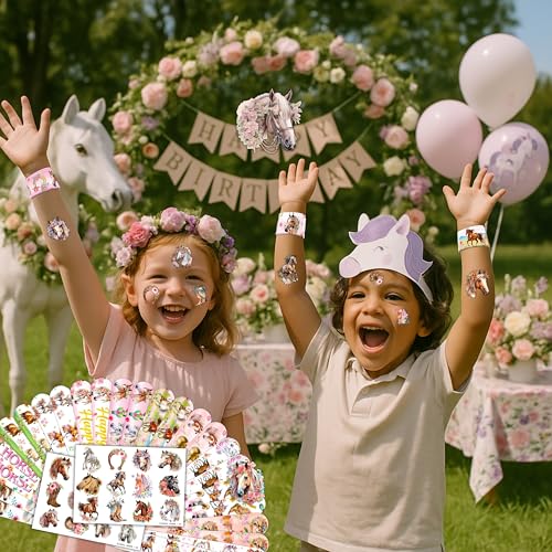 48PCS Floral Horse Party Set - 24PCS Temporary Tattoos & 24PCS Slap Bracelets - Cute Horse-Themed Birthday Supplies, Baby Shower Gifts, Classroom Rewards & Party Decor for Kids (Boys & Girls)