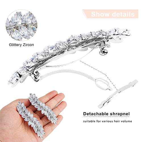 WHAVEL 2PCS Crystal Hair Barrettes for Women, Rhinestone Hair Clips Leaf French Barrette Wedding Hair Clips Bridal Hair Accessories for Women Bride Bridesmaid (Silver)