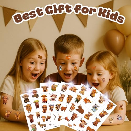 96PCS Highland Cow Print Pre Cut Temporary Tattoos Themed Birthday Party Decorations Decor Supplies Favors Animal Brown Cattle Tattoo Stickers Gifts For Game Boys Girls Classroom School Prizes
