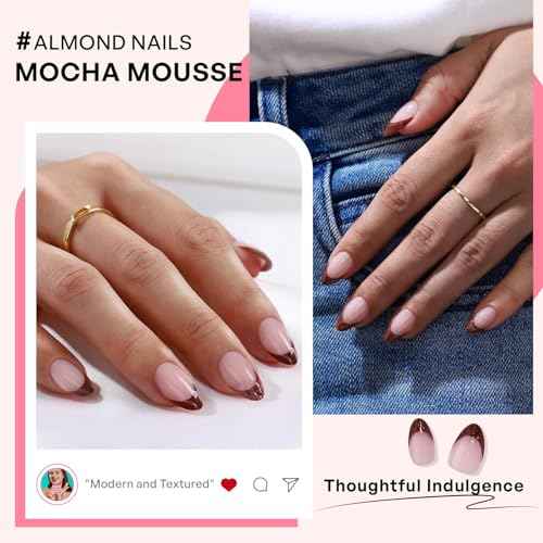 Chocolate Brown Fall French Tip Press on Nails Short Almond - GJZEZ Soft Gel Fake Nails Press Ons with 3D Sculpting Wave, Durable Handmade Glue on Nail | 16 Sizes - 32 Reusable Nail, Mocha Mousse