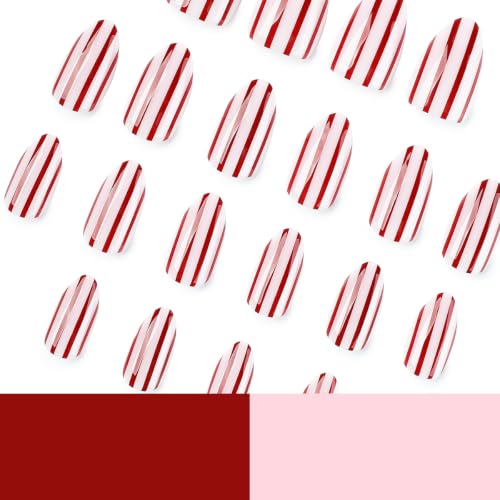 Short Almond Striped Press On Nails - 24pcs Red Fake Nails