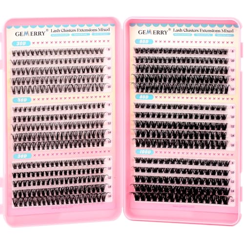 GEMERRY 565Pcs Lash Clusters D Curl Volume Eyelashes Clusters Extensions with Thin Band for DIY at home (30D+40D+50D+60D+80D+100D, 8-16mm)