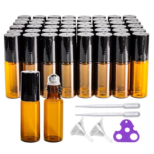 50 Pack 5ml Amber Glass Roller Bottles for Essential Oils