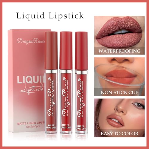 3-Piece Matte Liquid Lipstick Set, Nude Brown, Long-Lasting Waterproof