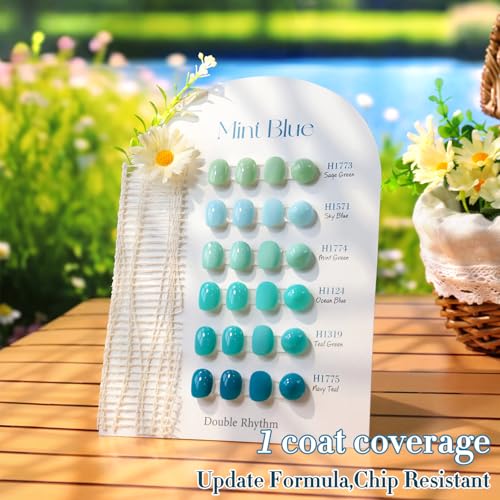Double Rhythm Gel Nail Polish Set - 6pcs Pale Green Mint Blue Teal, 0.5oz, Soak Off, Natural & Non-Toxic