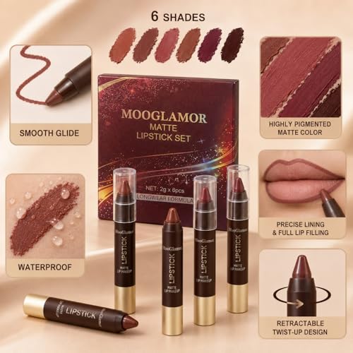 6-Piece Matte Lip Liner & Lipstick Set - Red Tones