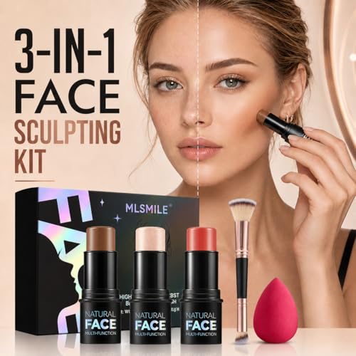 3-Piece Contour Stick Set with Brush & Sponge - Waterproof